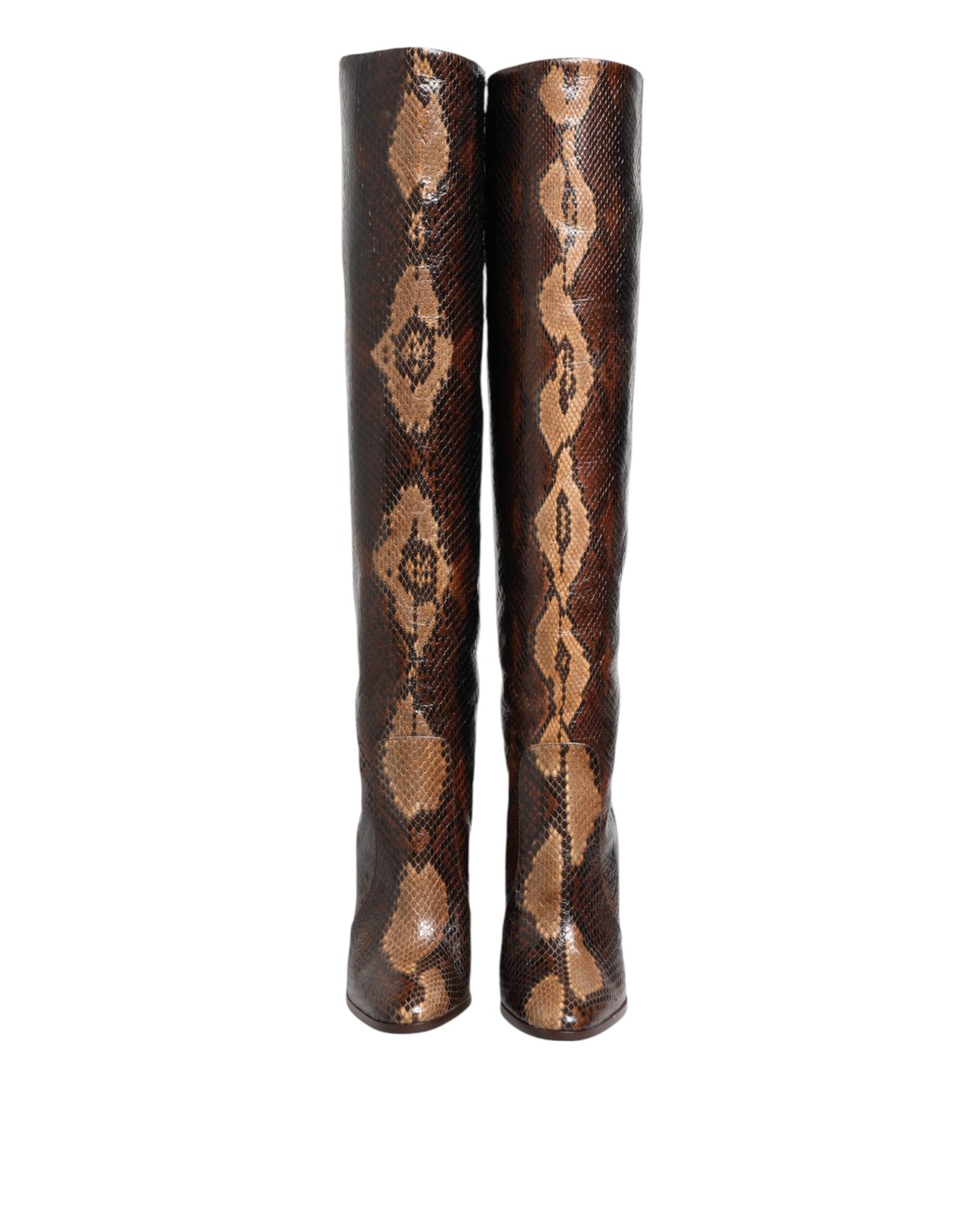 Brown Python Snakeskin Print Riding Boots Shoes