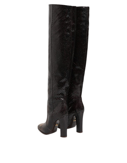 Brown Python Snakeskin Print Riding Boots Shoes