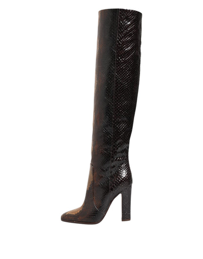 Brown Python Snakeskin Print Riding Boots Shoes