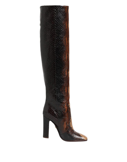 Brown Python Snakeskin Print Riding Boots Shoes