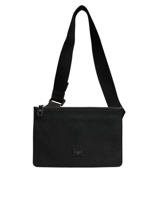 Black Leather Logo Embossed Waist Fanny Pack Bag