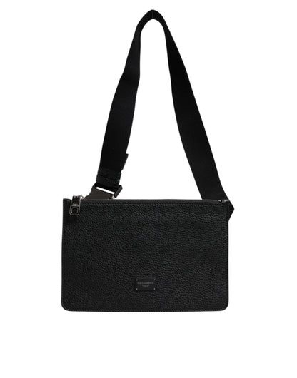 Black Leather Logo Embossed Waist Fanny Pack Bag