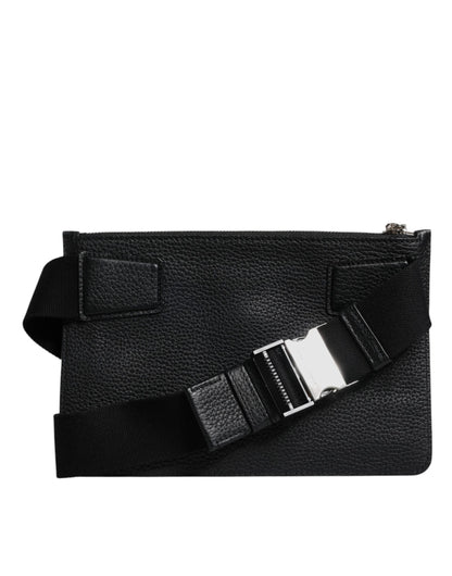 Black Leather Logo Embossed Waist Fanny Pack Bag