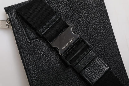 Black Leather Logo Embossed Waist Fanny Pack Bag