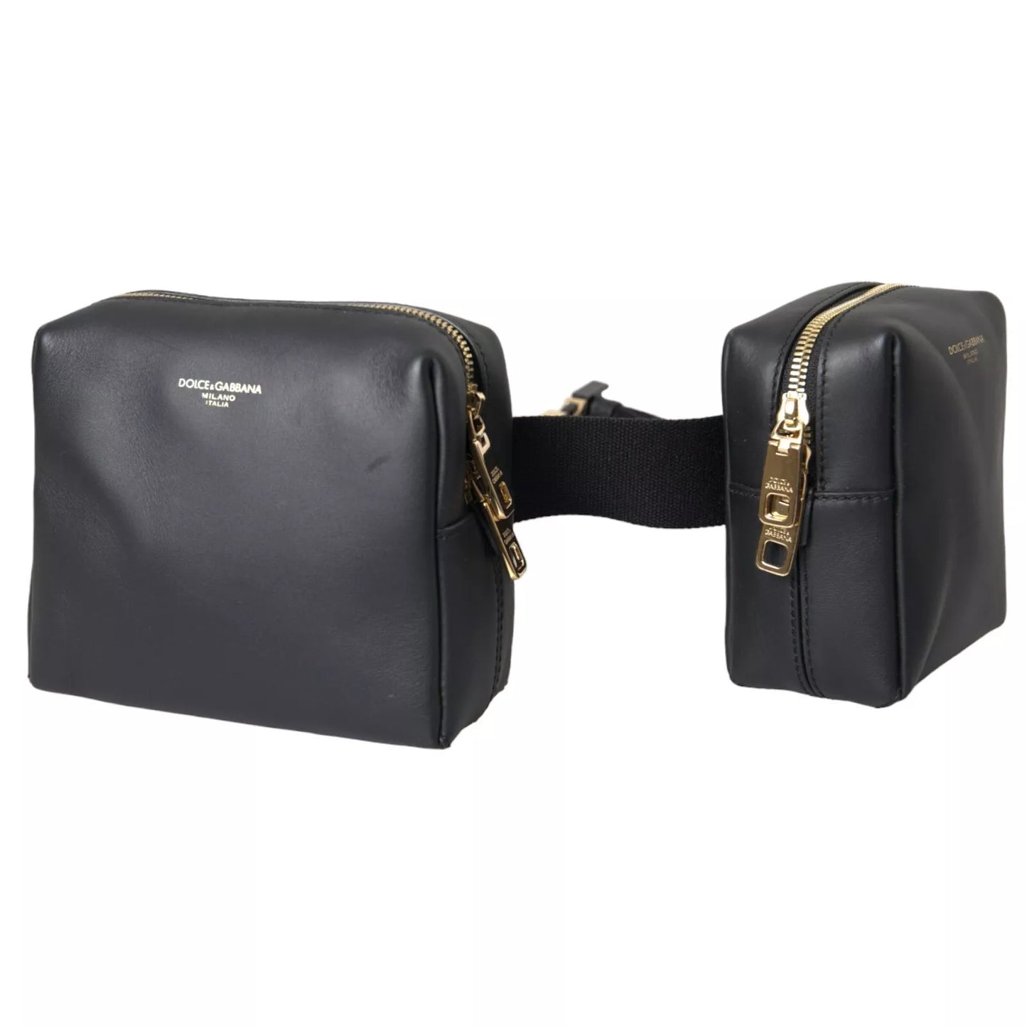 Black Calfskin Leather Double Waist Belt Fanny Pack Bag