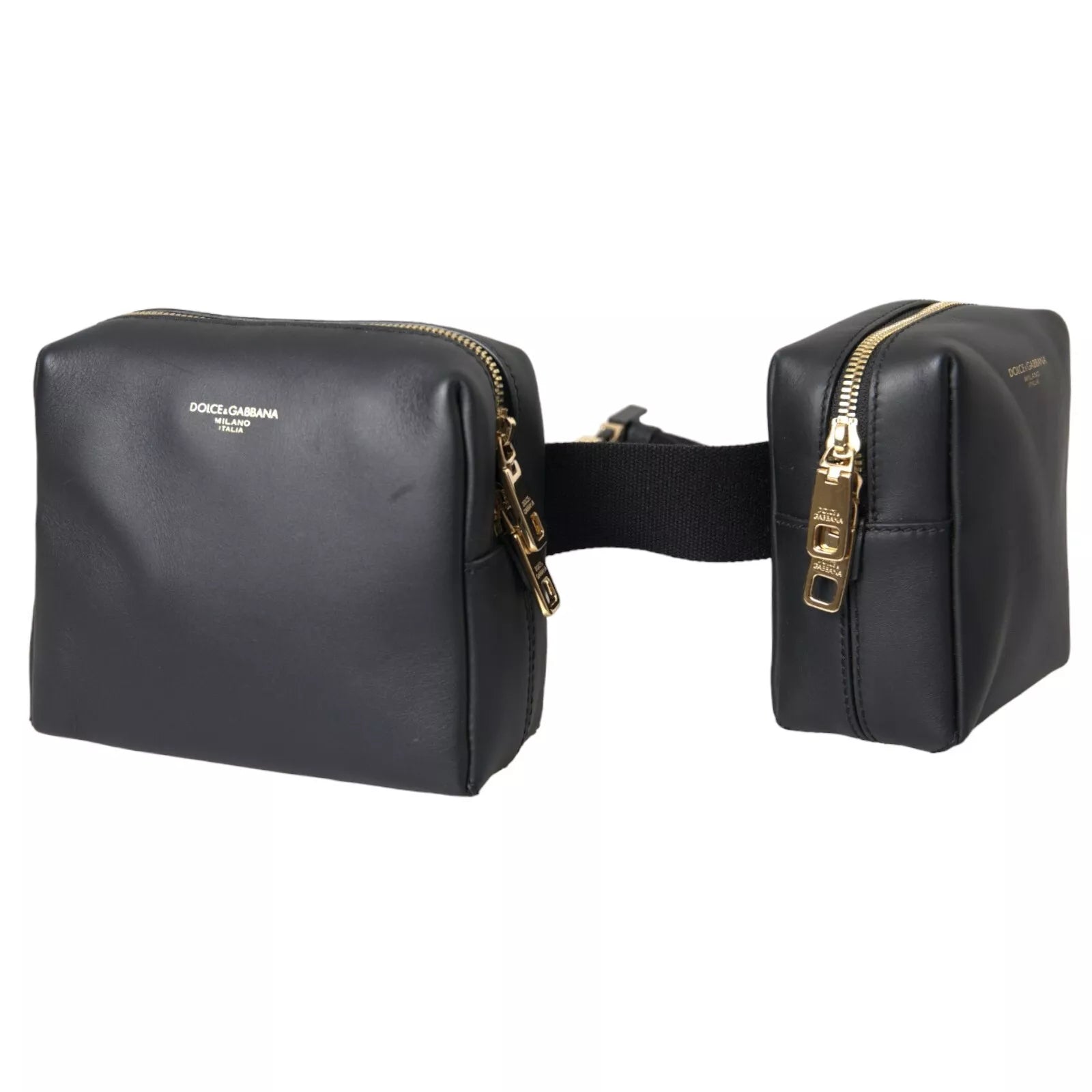 Black Calfskin Leather Double Waist Belt Fanny Pack Bag