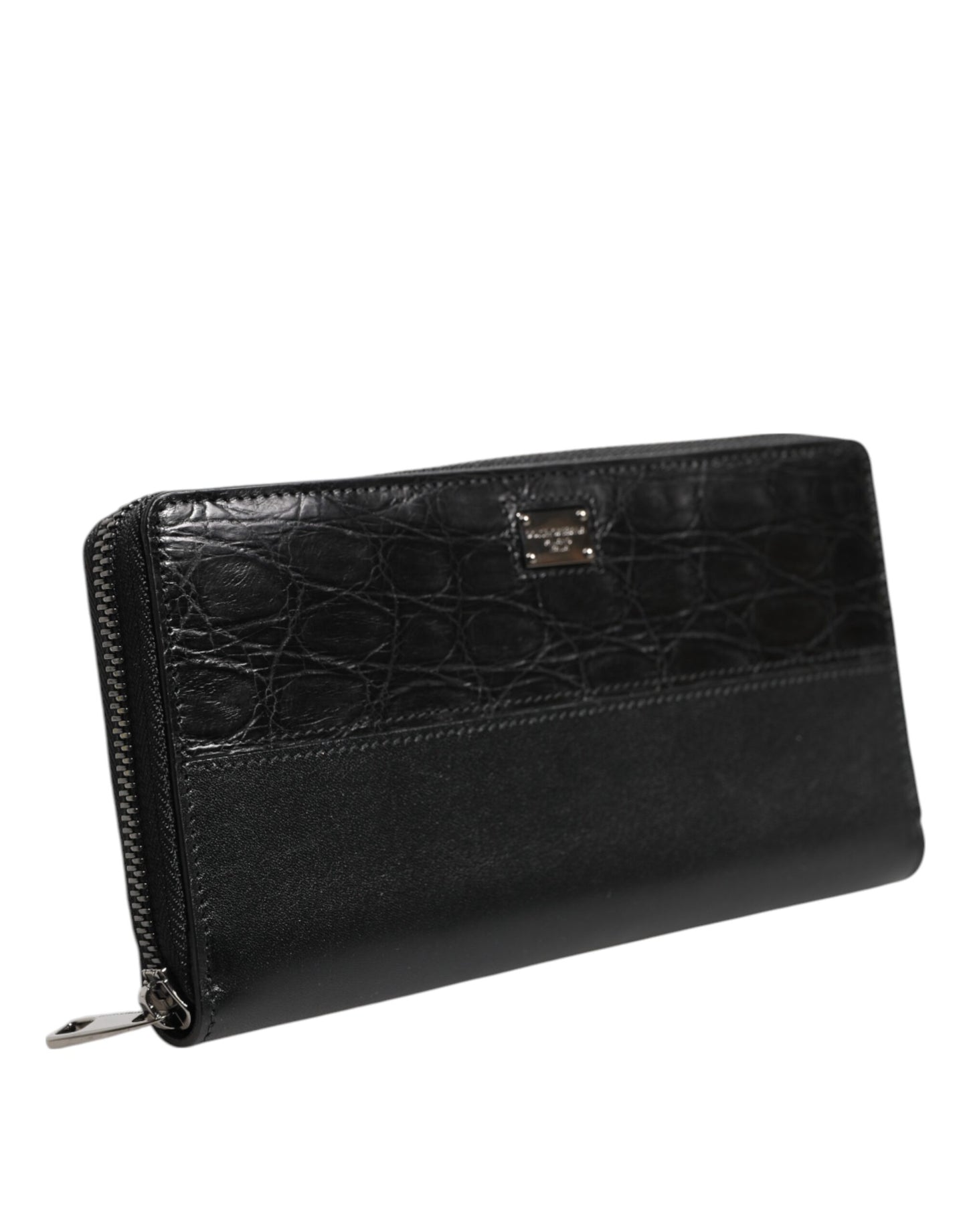 Black Leather DG Plaque Zip Around Continental Wallet