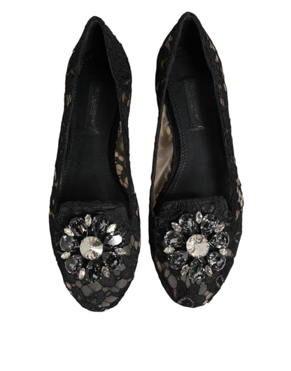 Black Taormina Lace Crystals Flats Shoes