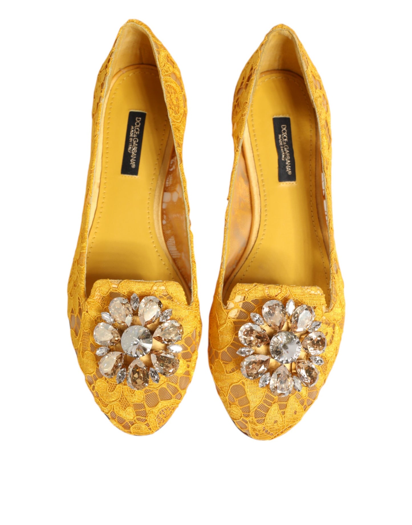 Yellow Taormina Lace Crystals Flats Shoes