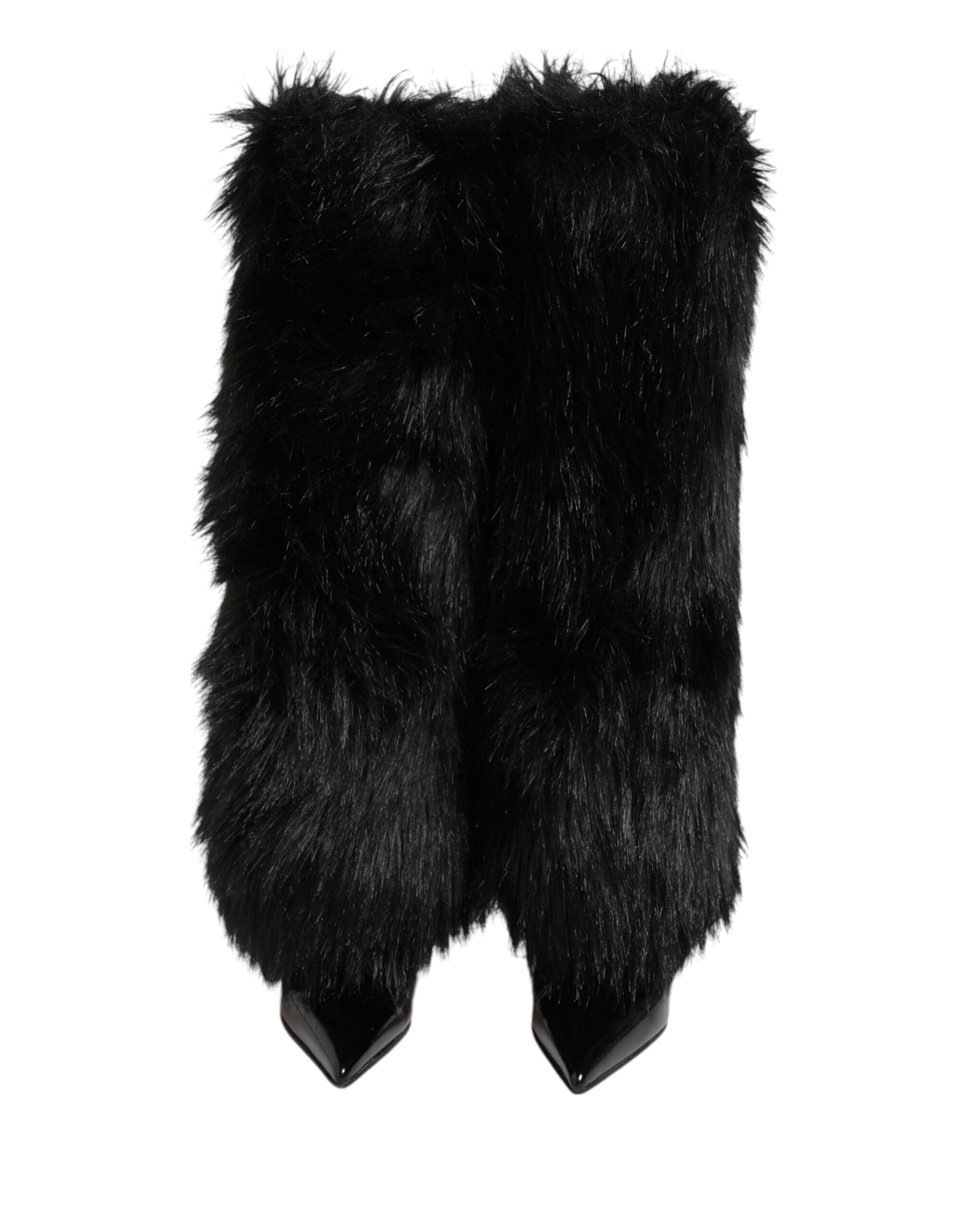 Black Faux Fur Pointed Knee High Stiletto Boots Shoes