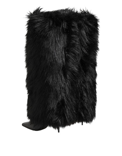 Black Faux Fur Pointed Knee High Stiletto Boots Shoes