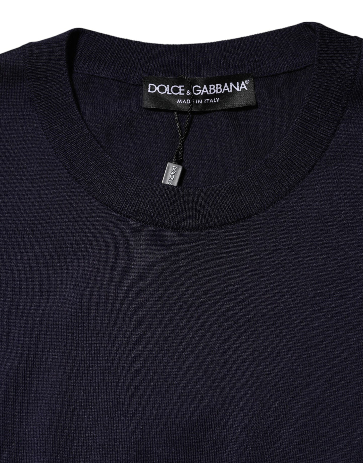 Dark Blue Silk Crew Neck Short Sleeves T-shirt