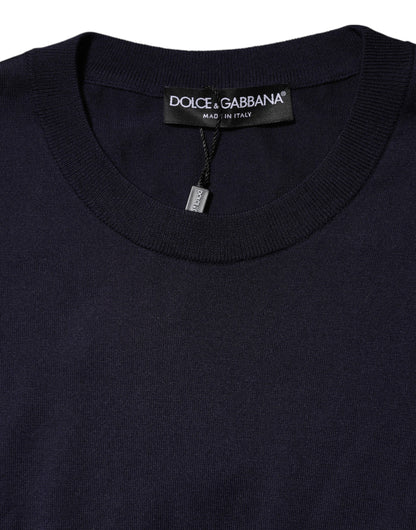 Dark Blue Silk Crew Neck Short Sleeves T-shirt