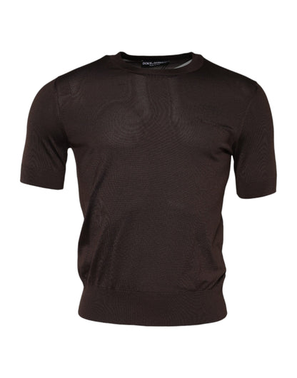 Brown Silk Crew Neck Short Sleeves T-shirt