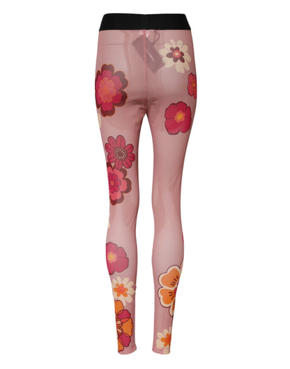 Pink Floral Leggings Stretch Waist Pants