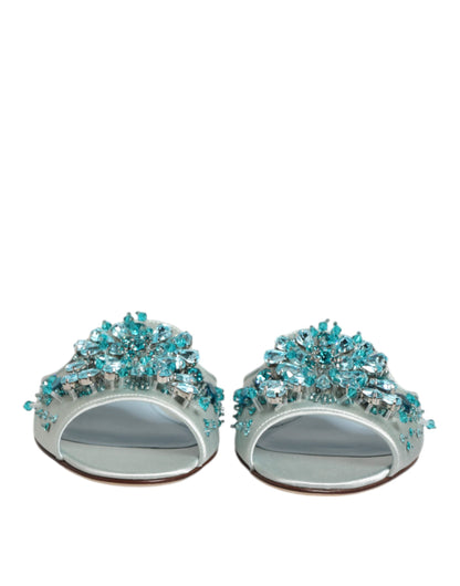 Silver Blue Leather Bead Embellish Slide Shoes