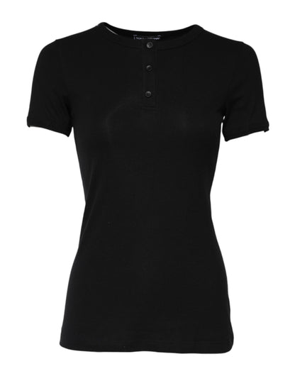 Black Cotton Henley Short Sleeves Top T-shirt