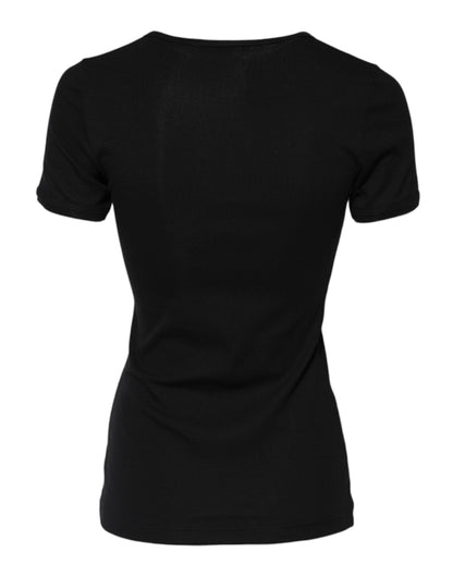 Black Cotton Henley Short Sleeves Top T-shirt