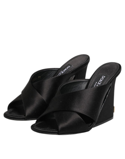 Black Logo KEIRA Satin Slides Sandals Shoes