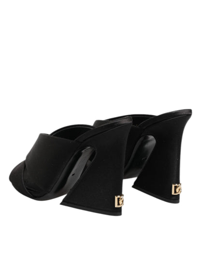 Black Logo KEIRA Satin Slides Sandals Shoes