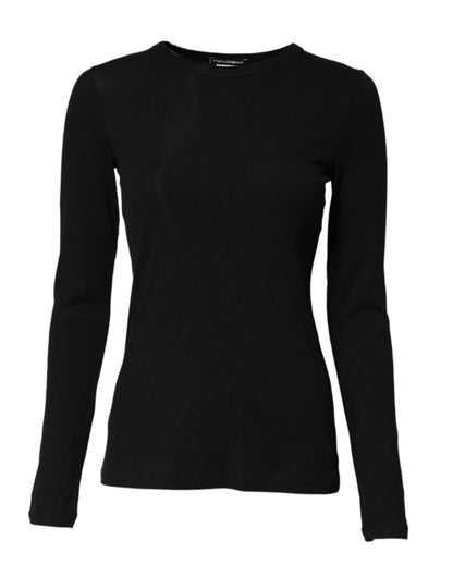 Black Cotton Knit Round Neck Long Sleeves T-shirt
