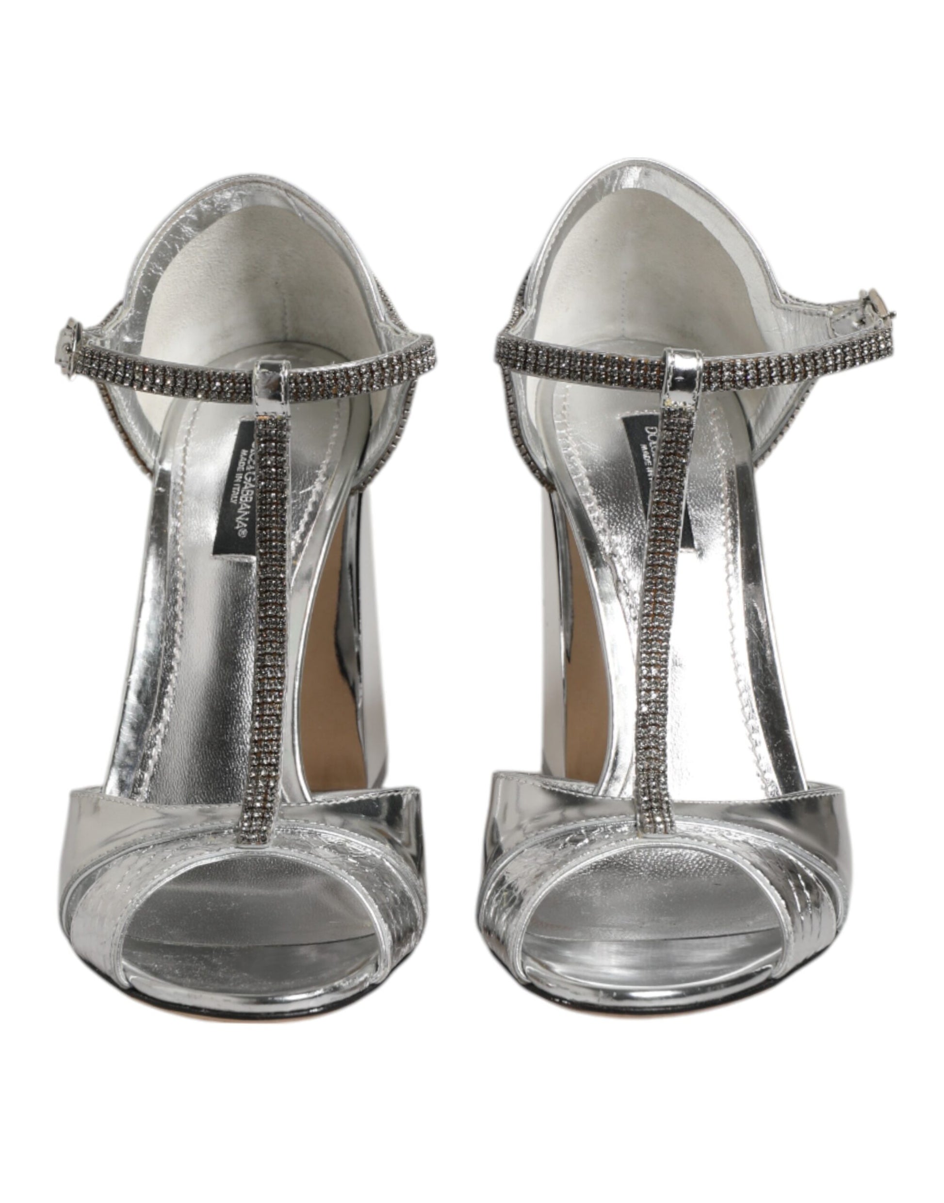 Silver Leather T-strap Heels Sandals Shoes