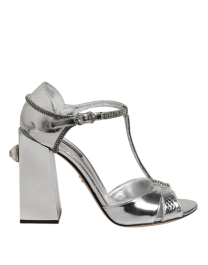 Silver Leather T-strap Heels Sandals Shoes