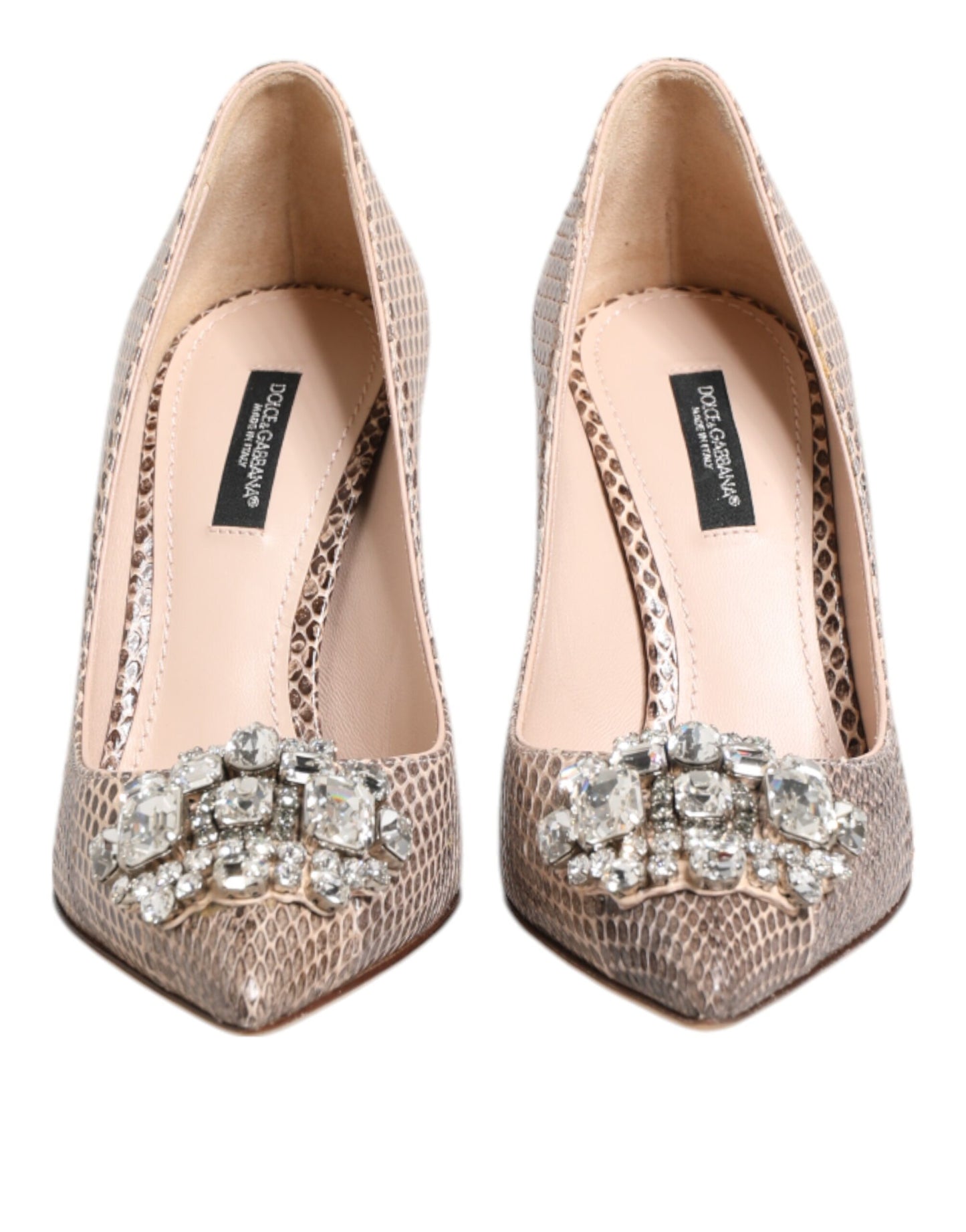 Beige Leather Crystal Embellished Pumps Shoes