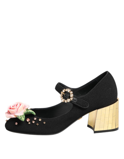 Black Flower Crystal Embellished Mary Jane Shoes