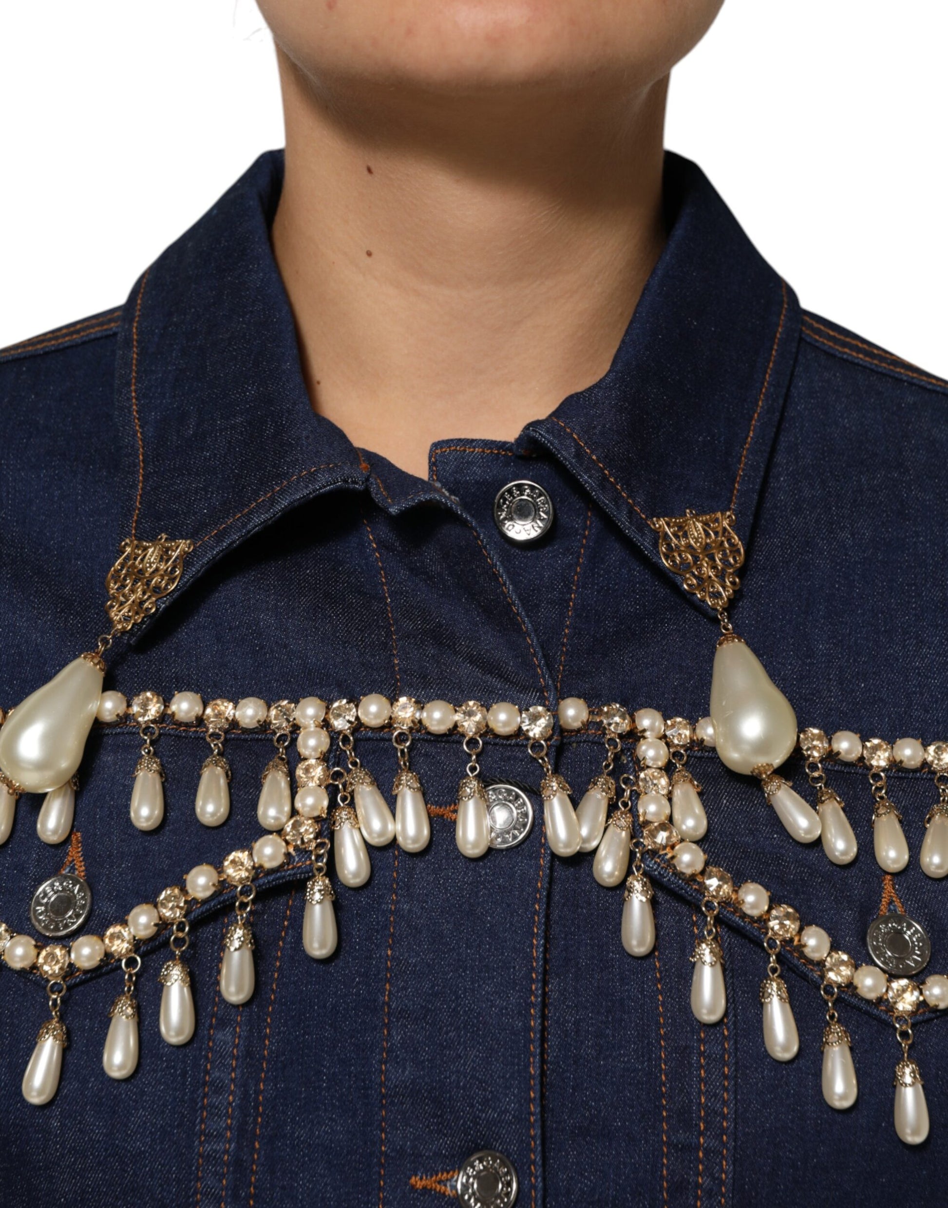 Blue Cotton Denim Crystal Embellished Jacket
