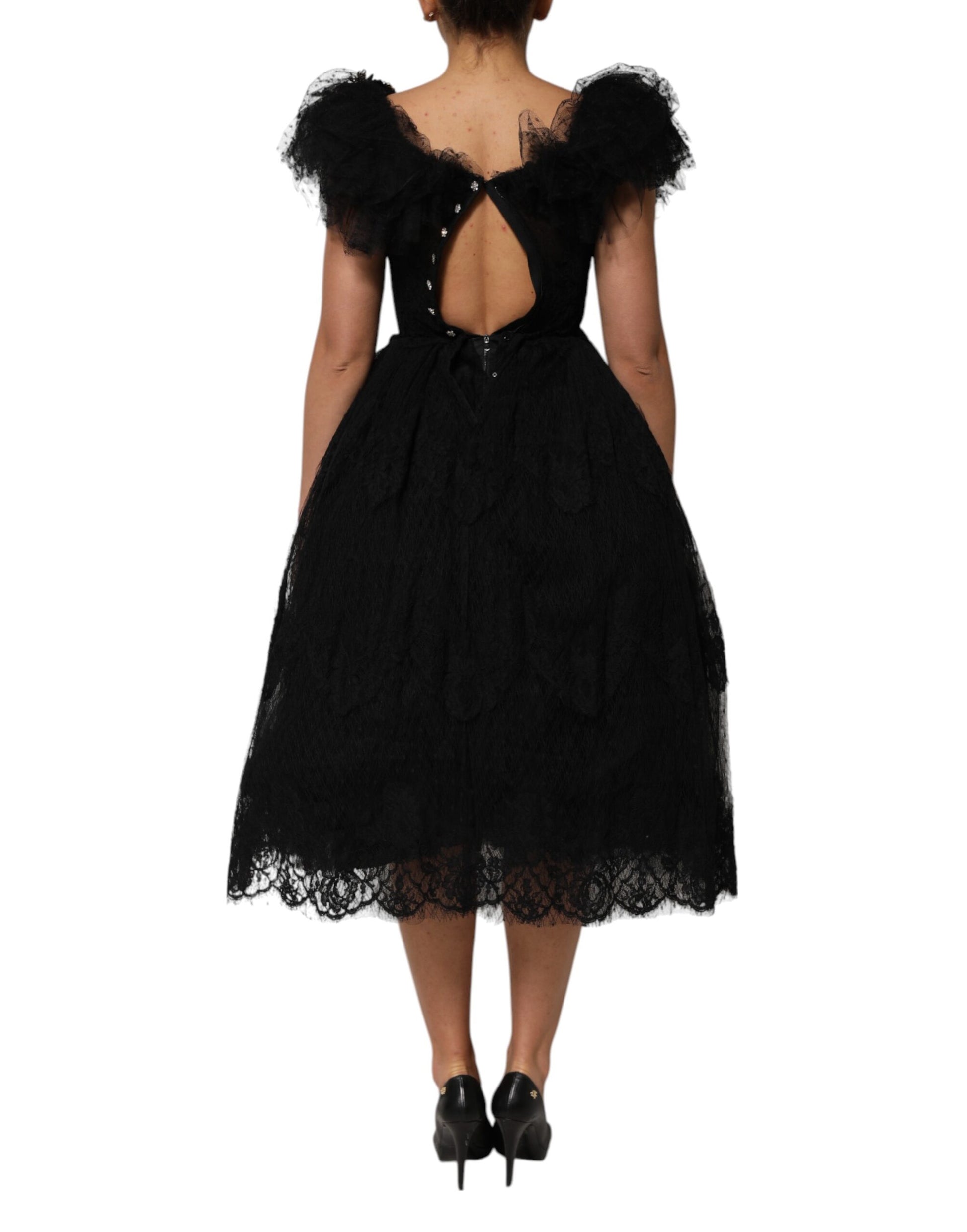 Black Crystal Embellished Midi A-line Dress