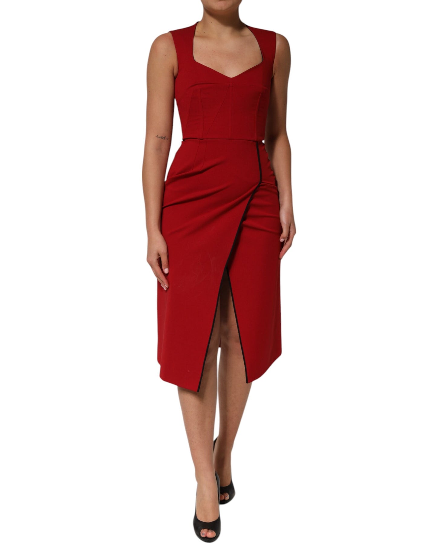 Red Viscose Stretch Slit Sheath Midi Dress