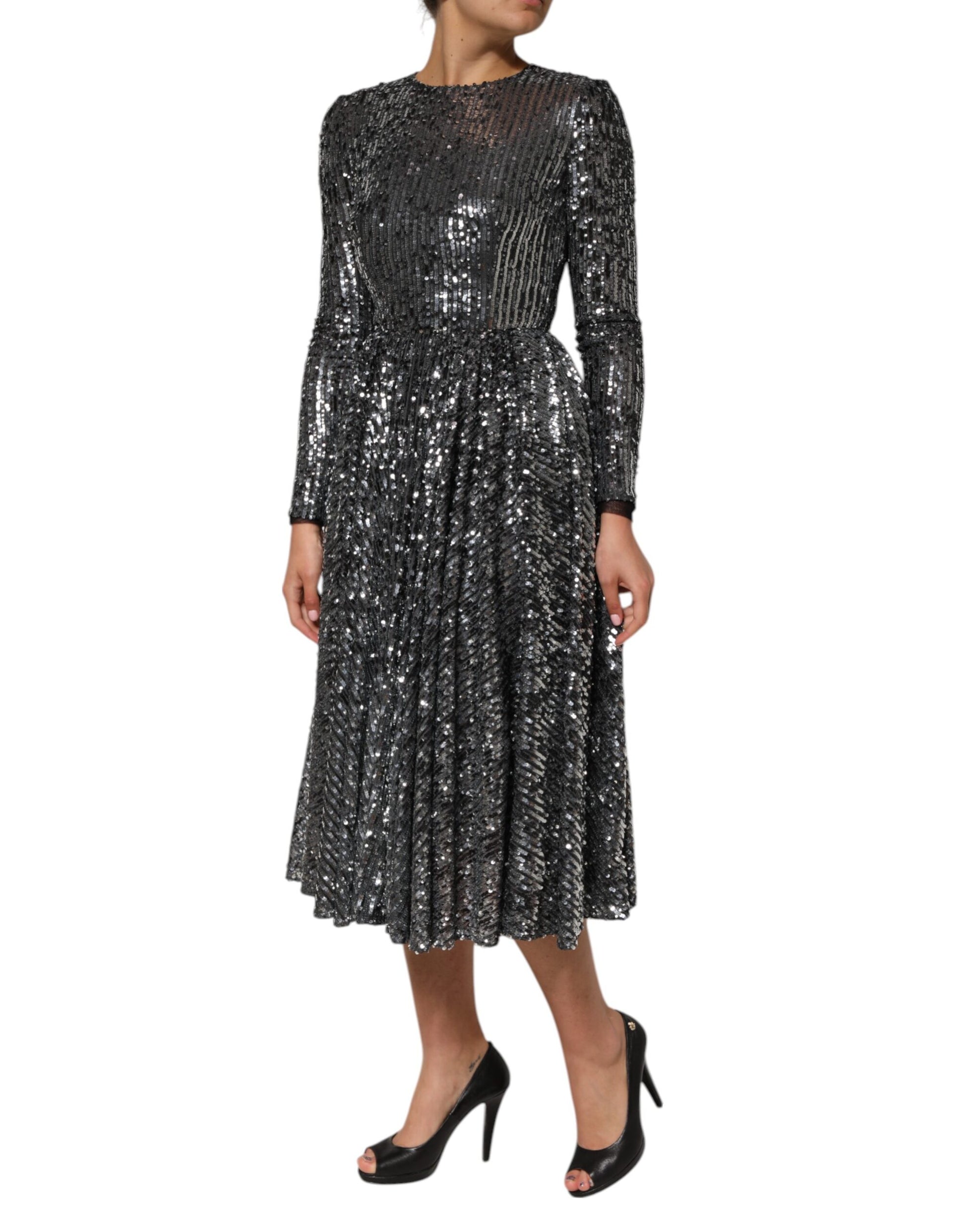 Black Sequined Long Sleeves Midi A-line  Dress