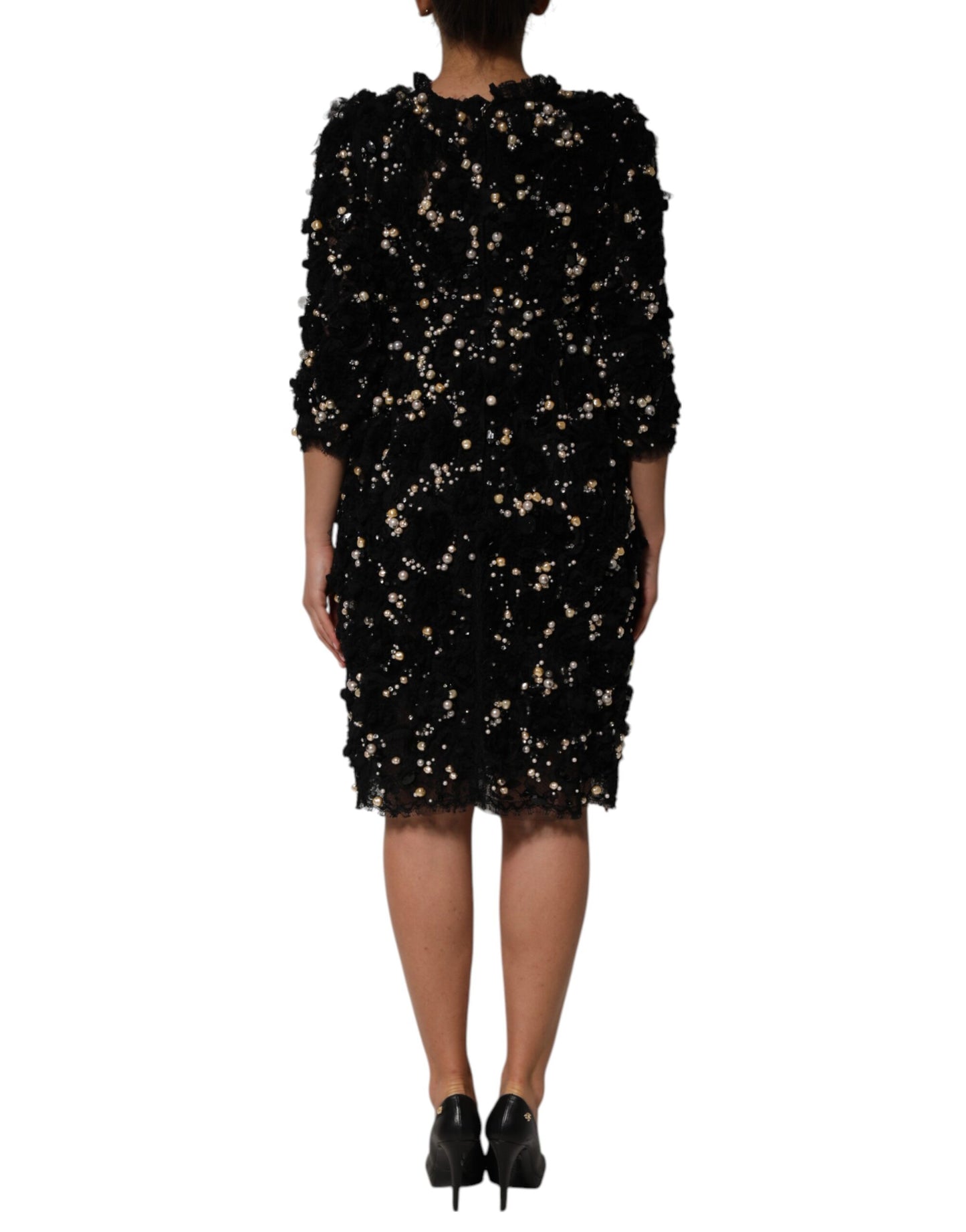 Black Viscose Pearl Embellishment Shift Dress