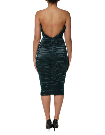 Green Silk Satin Fitted Strapless Dress