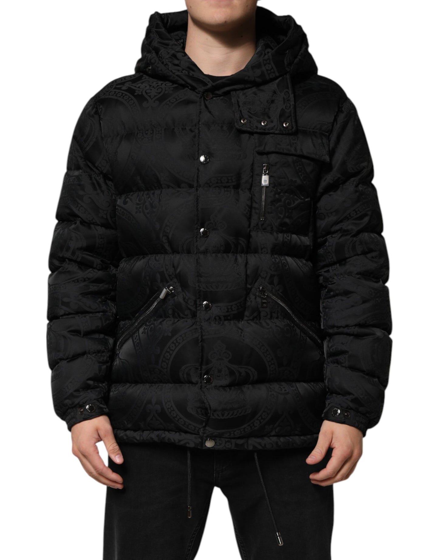 Black Jacquard Quilted Puffer Hooded Jacket