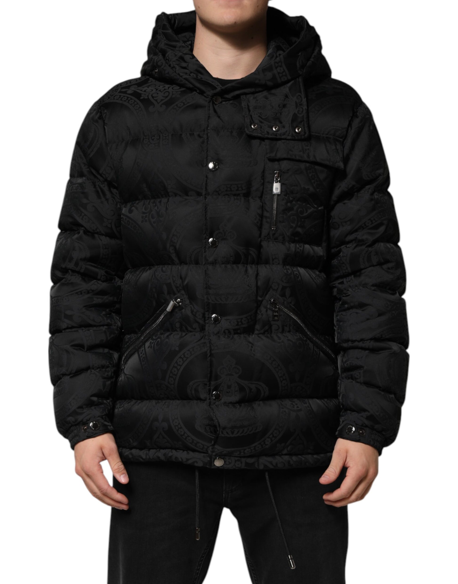 Black Jacquard Quilted Puffer Hooded Jacket