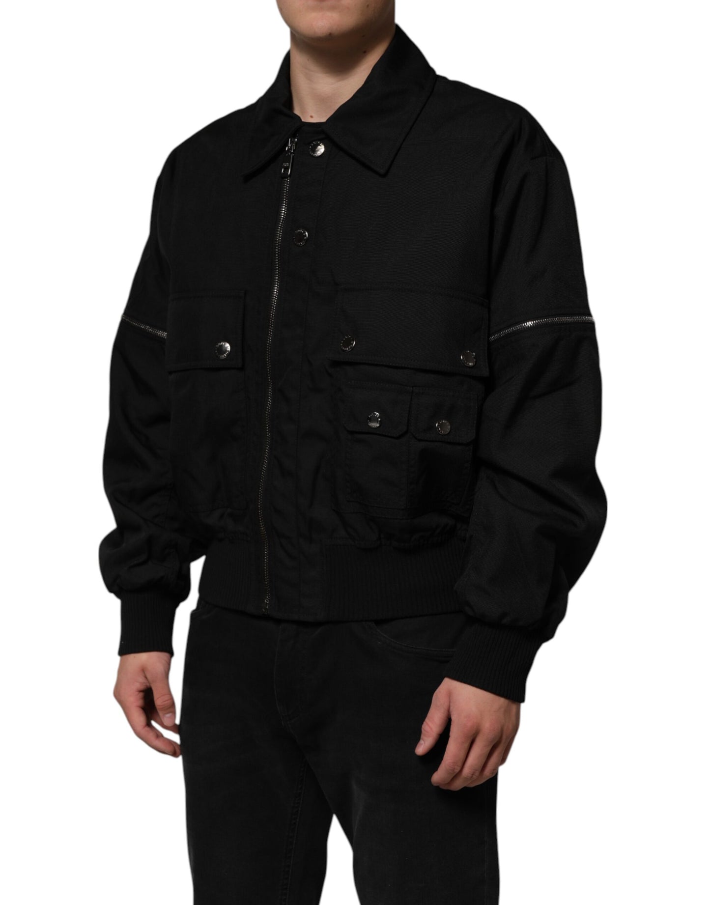 Black Patch Pocket Full Zip Bomber Jacket