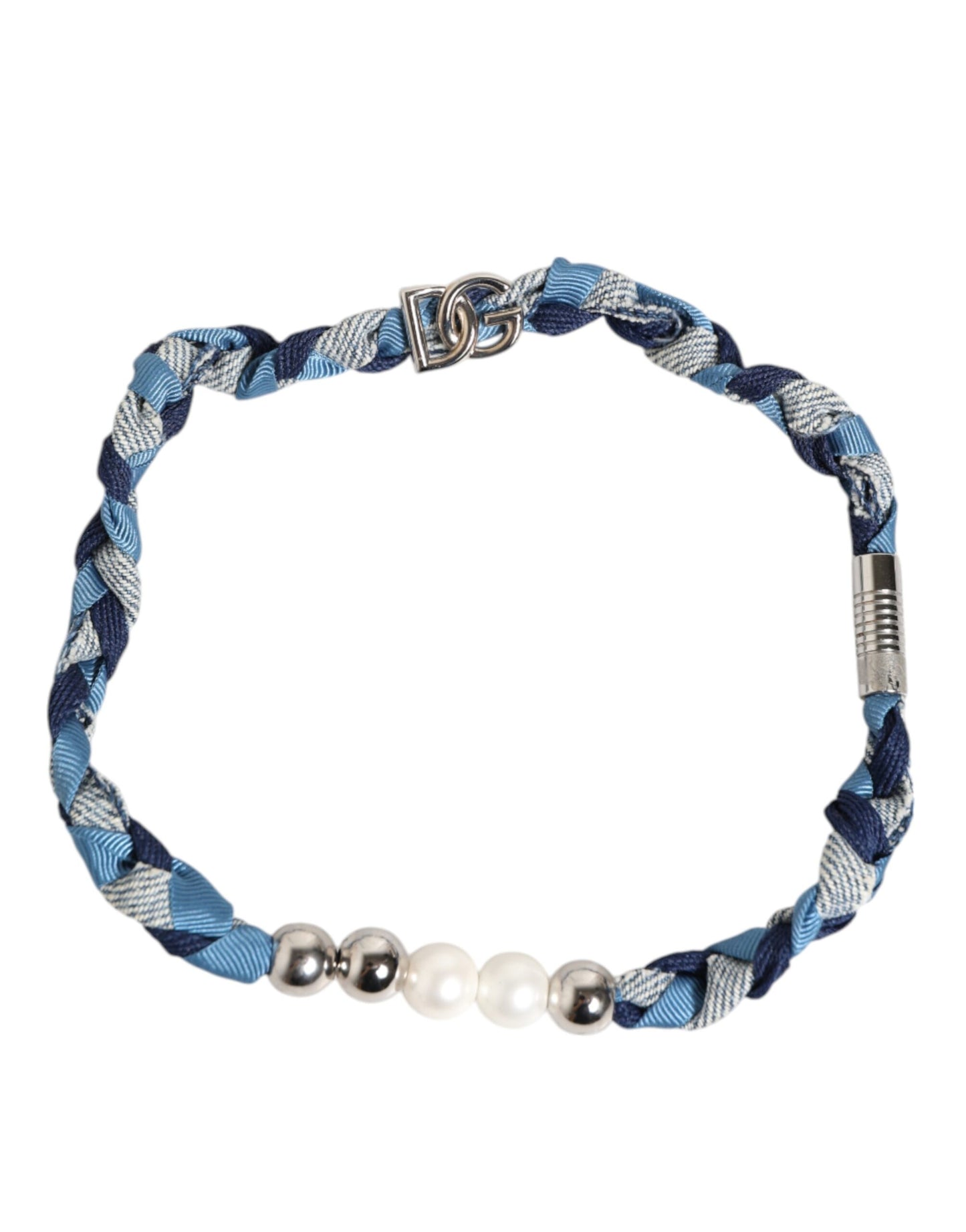 Blue White Braided Silver Metal Logo Beaded Men Bracelet