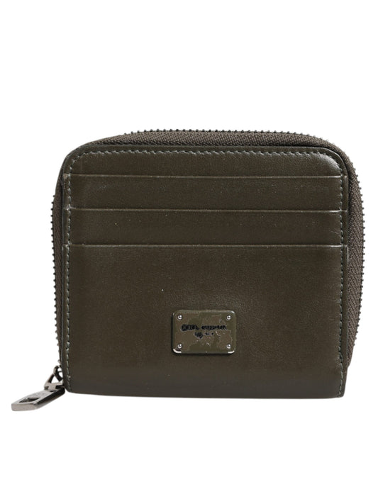 Brown Leather Logo Plaque Card Holder Coin Purse Wallet