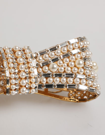 Gold Tone Brass Bow Crystal FauxPearl Embellished Brooch