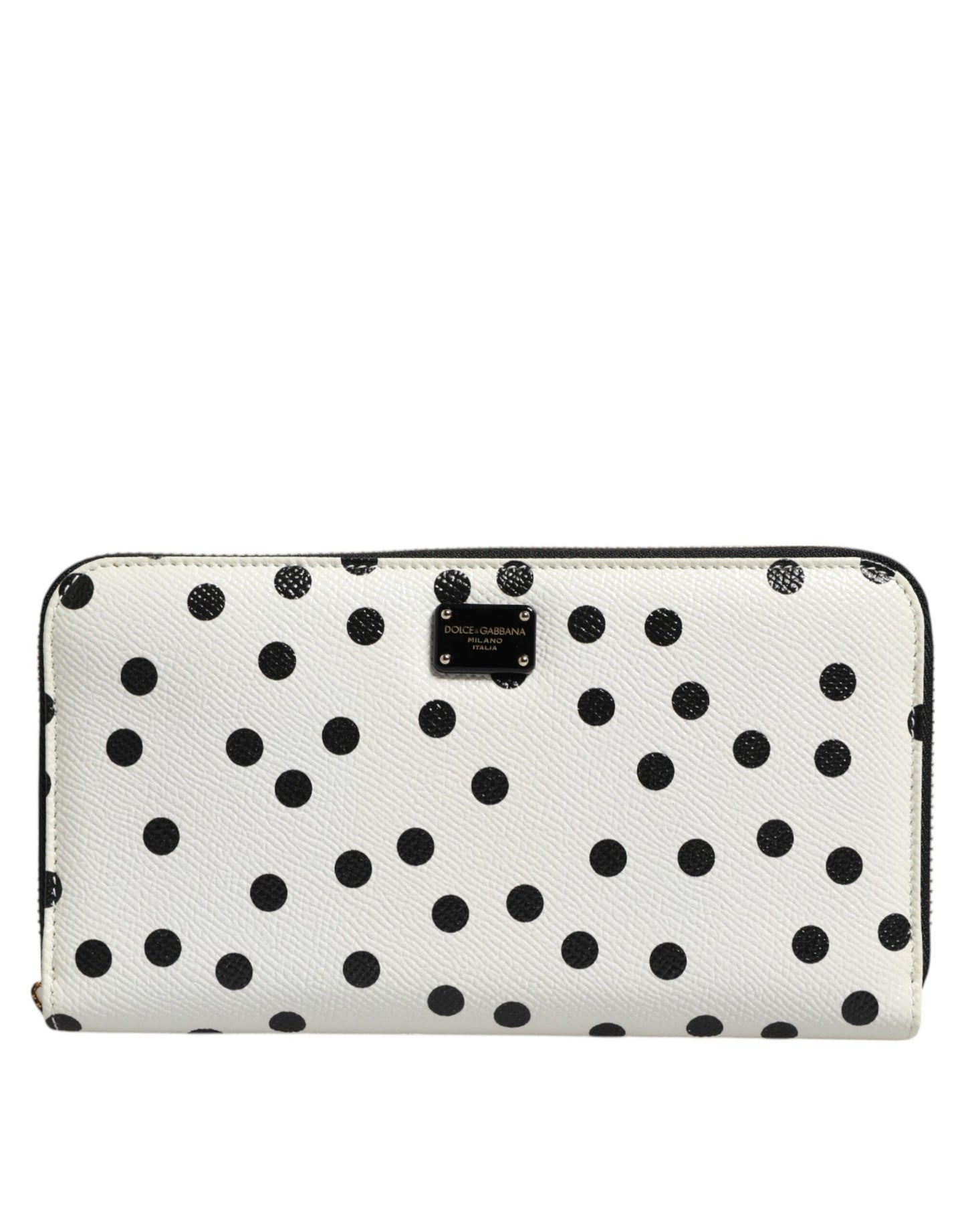 White Black Dotted Leather Zip Around Continental Wallet