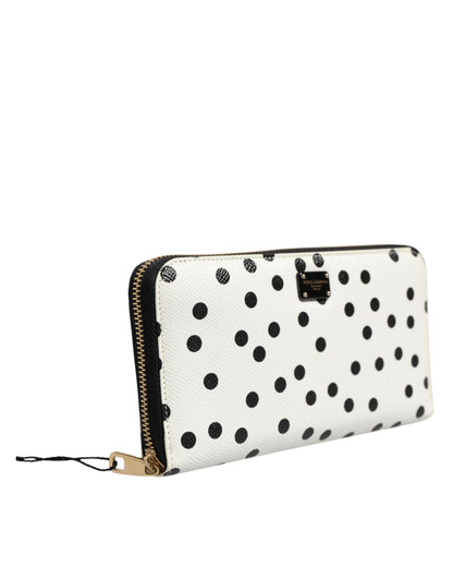 White Black Dotted Leather Zip Around Continental Wallet