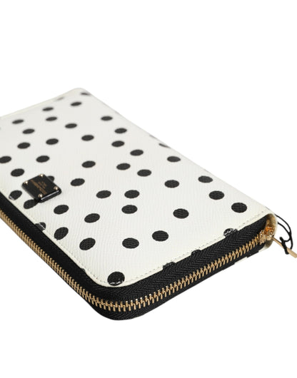 White Black Dotted Leather Zip Around Continental Wallet