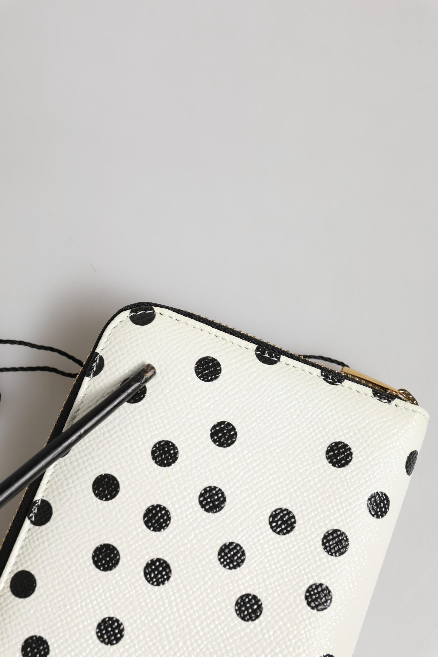 White Black Dotted Leather Zip Around Continental Wallet