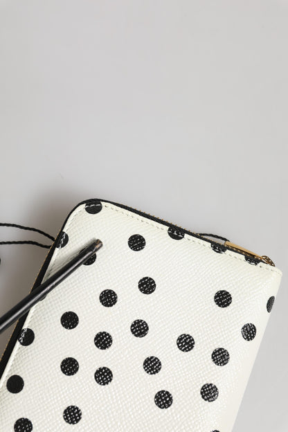 White Black Dotted Leather Zip Around Continental Wallet