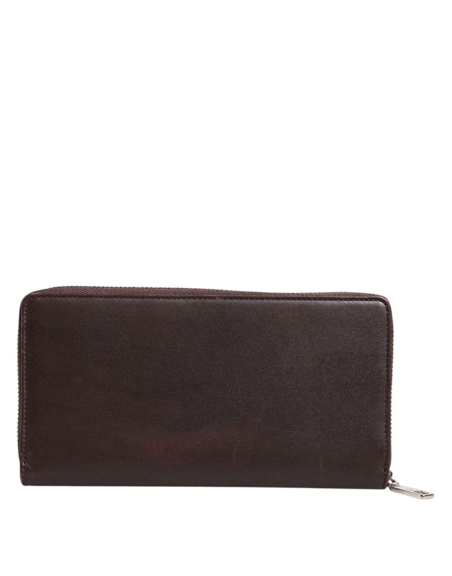 Brown Calfskin Leather Logo Zip Around Continental Wallet