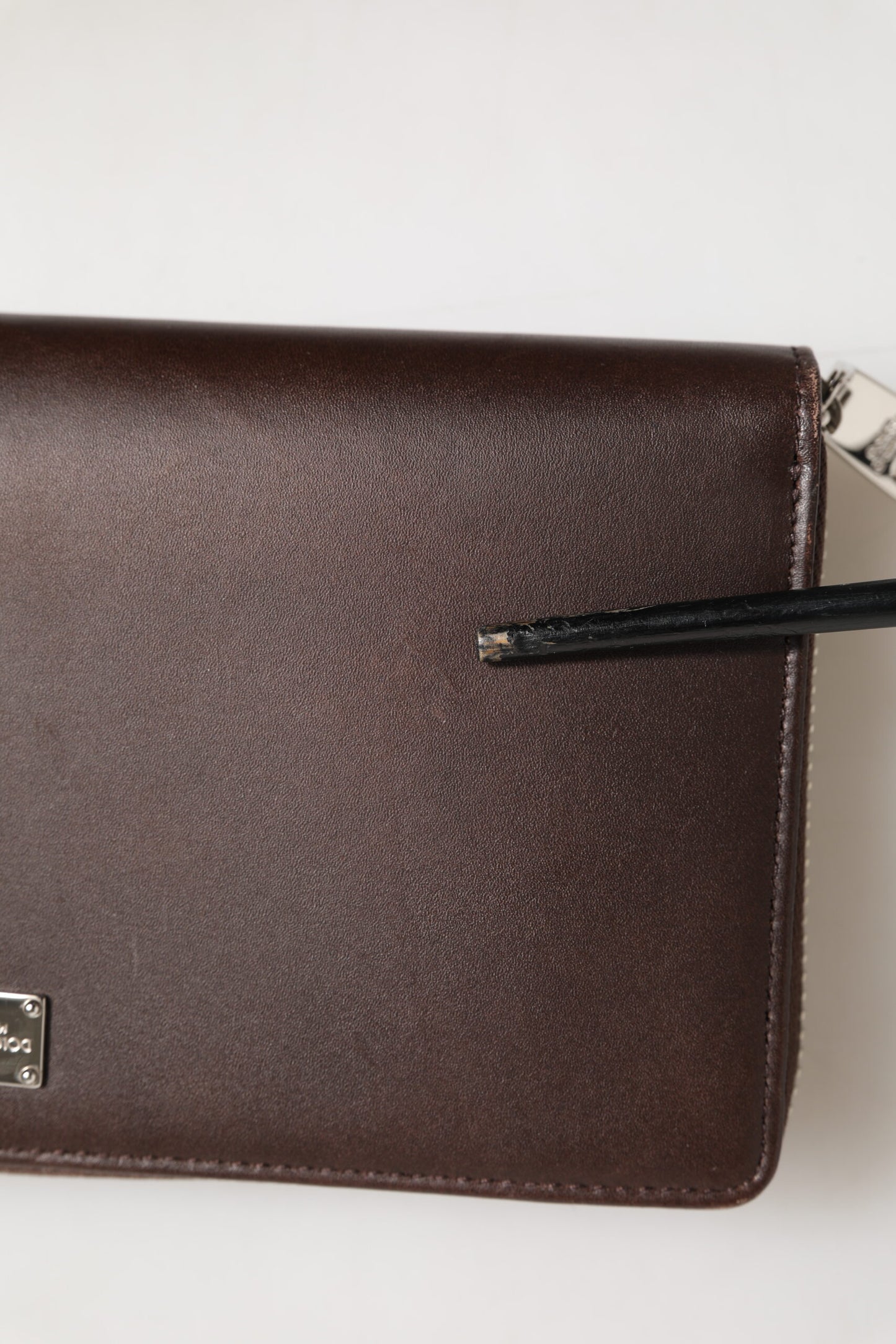 Brown Calfskin Leather Logo Zip Around Continental Wallet