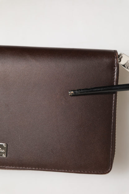 Brown Calfskin Leather Logo Zip Around Continental Wallet