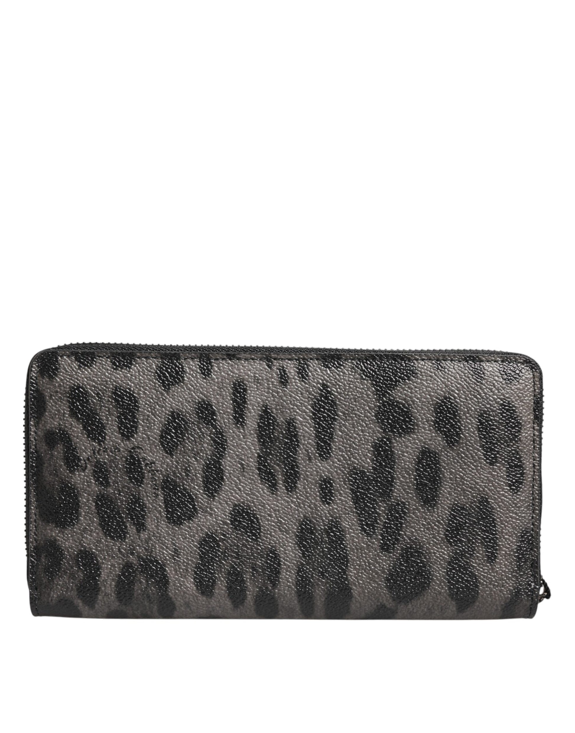 Black Gray Leopard Leather Zip Around Continental Wallet
